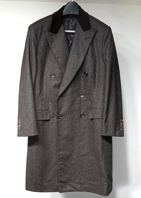 定価70万 極美品 dunhill ダンヒル ウールカシミヤフランネル ヘリンボーン ダブルブレスト チェスターコート メンズ 50 ジャケット_画像1