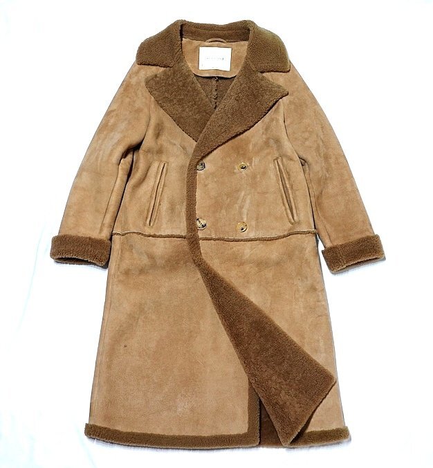 定価29.7万 良品 MACKINTOSH マッキントッシュ ダブルブレスト シアリング ムートン コート キャメル ラムレザー 羊革 レディース 8 ロング_画像2
