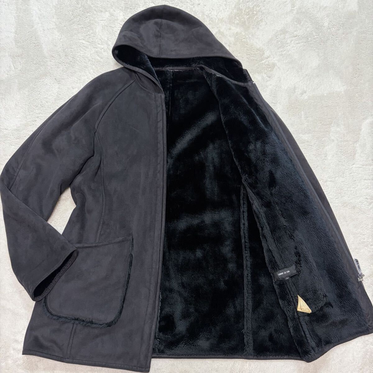 美品!/L~XL相当●ムートンコート コムサイズム COMME CA ISM ボア ファー 光沢感 極暖 ブラック ジップ ブルゾン ジャケット パーカー 秋冬_画像1