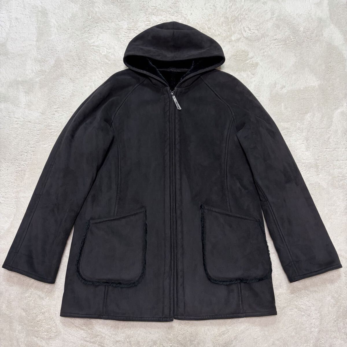 美品!/L~XL相当●ムートンコート コムサイズム COMME CA ISM ボア ファー 光沢感 極暖 ブラック ジップ ブルゾン ジャケット パーカー 秋冬_画像2