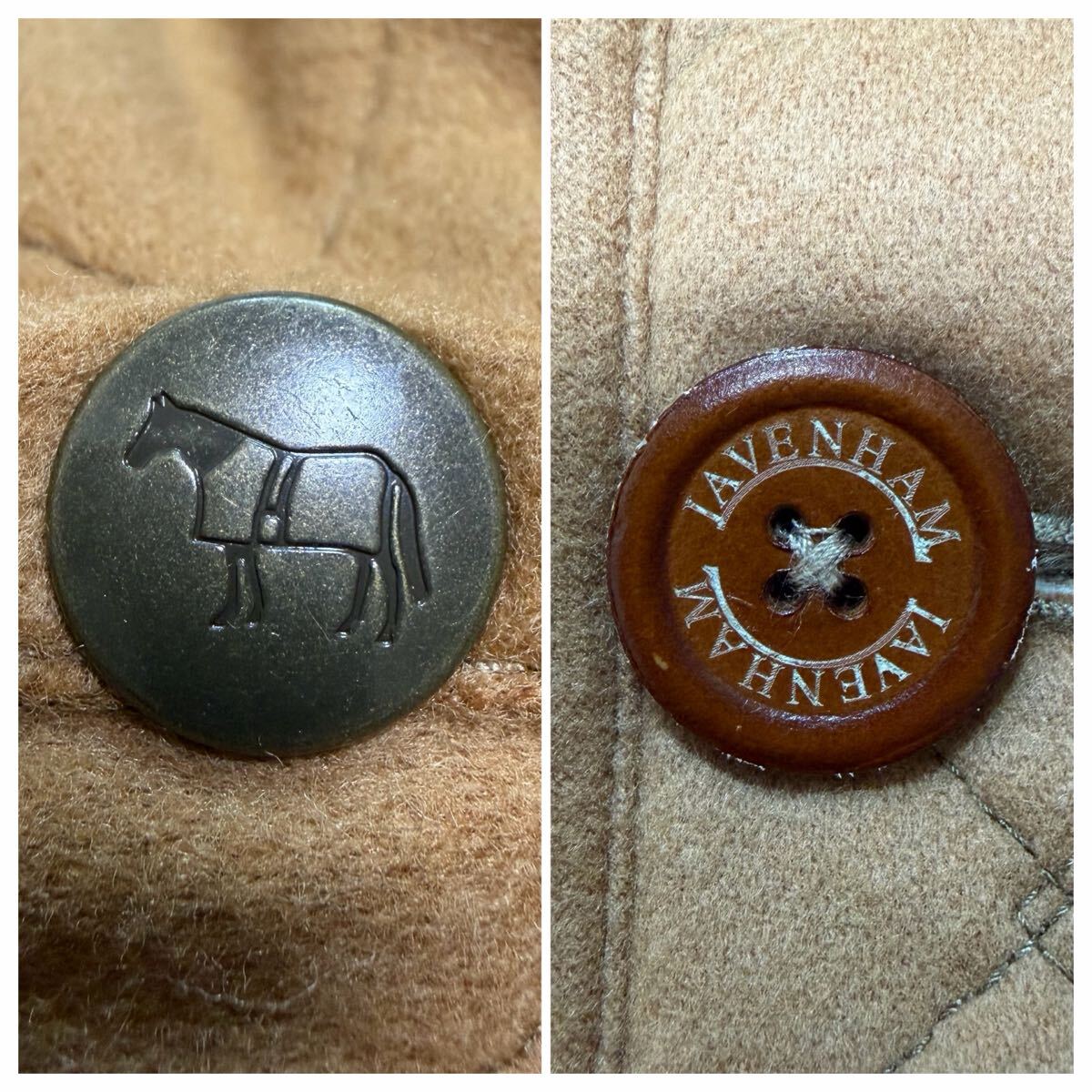 美品!/L相当●ラベンハム LAVENHAM キルティングコート ジャケット キャメル 中綿入り レザーロゴボタン アウター フード着脱可能 メンズ _画像9