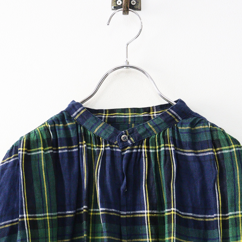 イチアンティークス ICHI Antiquite's リネン バンドカラー チェック ワンピース ｜ネイビー シャツ ギャザー ドレス【2400014697384】_画像3