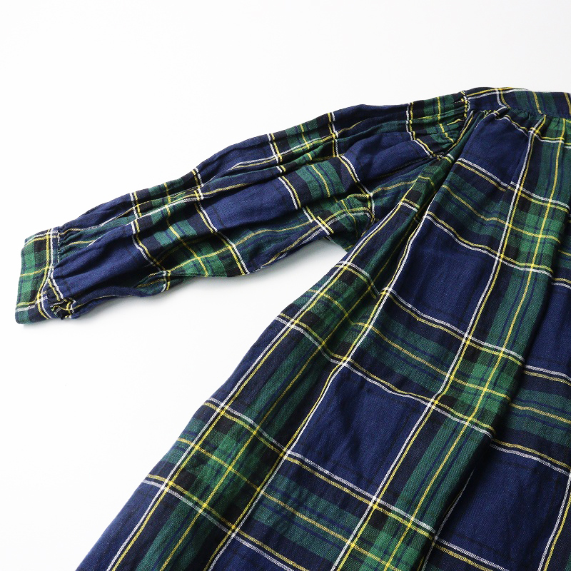 イチアンティークス ICHI Antiquite's リネン バンドカラー チェック ワンピース ｜ネイビー シャツ ギャザー ドレス【2400014697384】_画像5