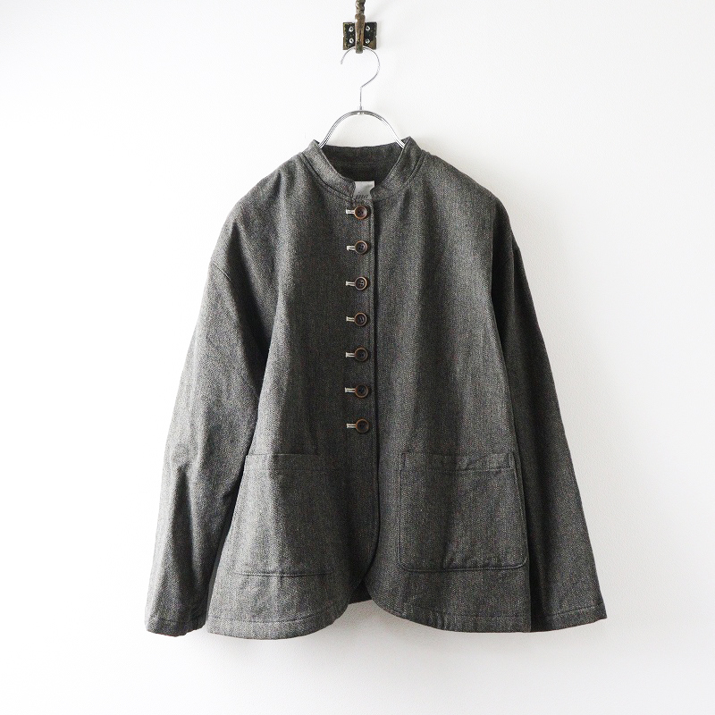 美品 イナ ina ウールコットン ツイードスタンドカラージャケット ダークグレー系┃ハオリ 羽織 アウトポケット【2400014699654】_画像1