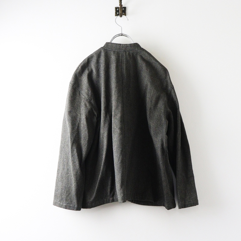 美品 イナ ina ウールコットン ツイードスタンドカラージャケット ダークグレー系┃ハオリ 羽織 アウトポケット【2400014699654】_画像2