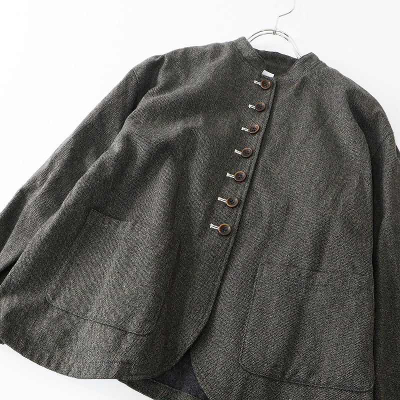 美品 イナ ina ウールコットン ツイードスタンドカラージャケット ダークグレー系┃ハオリ 羽織 アウトポケット【2400014699654】_画像5
