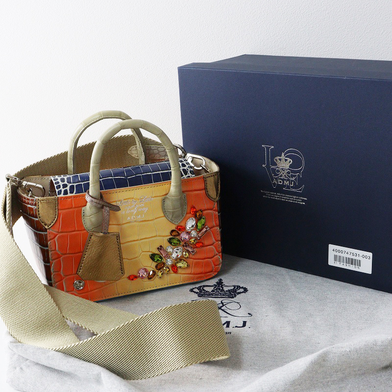 未使用 A.D.M.J. エーディーエムジェイ 牛革クロコ型押し スワロフスキー クリスタル付き ミニトートバッグ\マルチ【2400014684902】_画像1