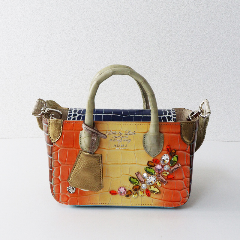 未使用 A.D.M.J. エーディーエムジェイ 牛革クロコ型押し スワロフスキー クリスタル付き ミニトートバッグ\マルチ【2400014684902】_画像2
