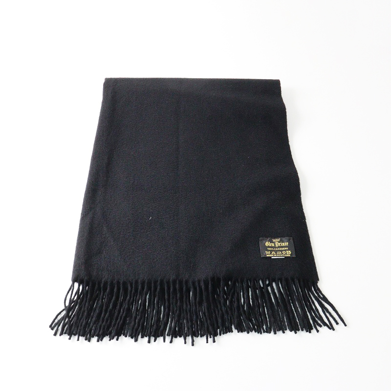 美品 スコットランド製 グレンプリンス Glen Prince カシミヤ100% サイドフリンジ 大判ストール ブラック ┃黒 ショール【2400014702910】_画像1
