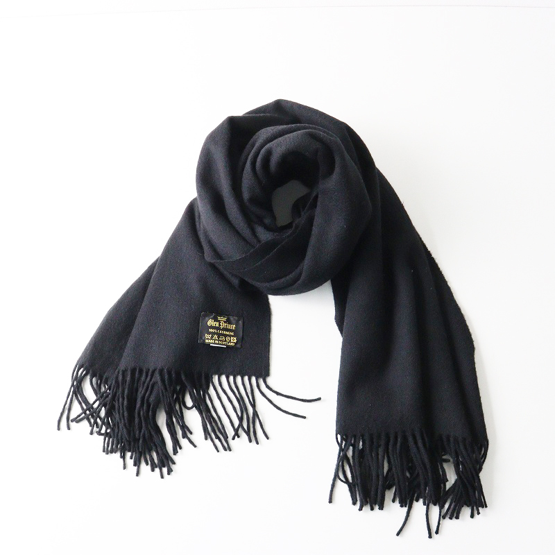 美品 スコットランド製 グレンプリンス Glen Prince カシミヤ100% サイドフリンジ 大判ストール ブラック ┃黒 ショール【2400014702910】_画像2