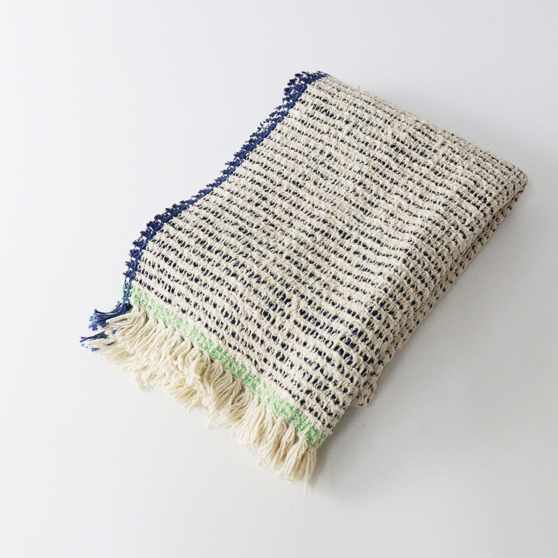 スノアンドモリソン suno&morrison オーガニックコットン ガラ紡 大判 フリンジストール ｜オフホワイト ブルー【2400014694529】_画像1