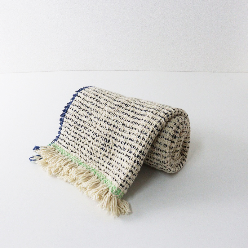 スノアンドモリソン suno&morrison オーガニックコットン ガラ紡 大判 フリンジストール ｜オフホワイト ブルー【2400014694529】_画像2