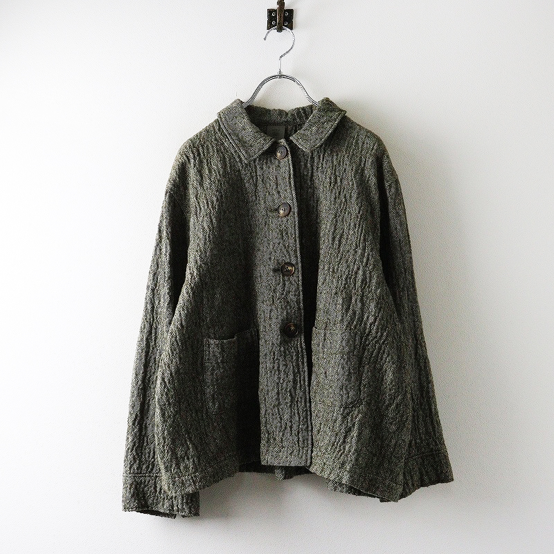 美品 バスコネスト BASCO-nest コットンウールヘリンボーンジャケット＼ダークグリーン タック フレア【2400014685657】_画像1