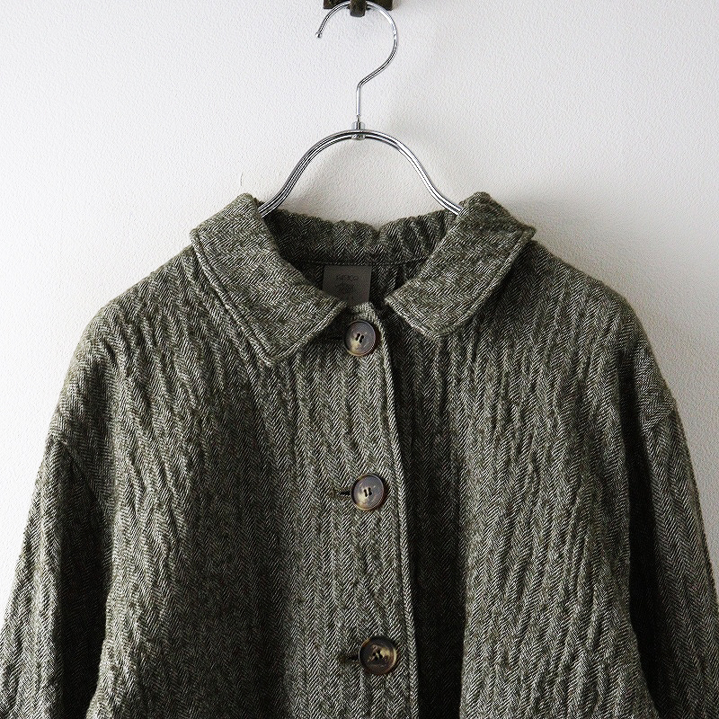 美品 バスコネスト BASCO-nest コットンウールヘリンボーンジャケット＼ダークグリーン タック フレア【2400014685657】_画像3