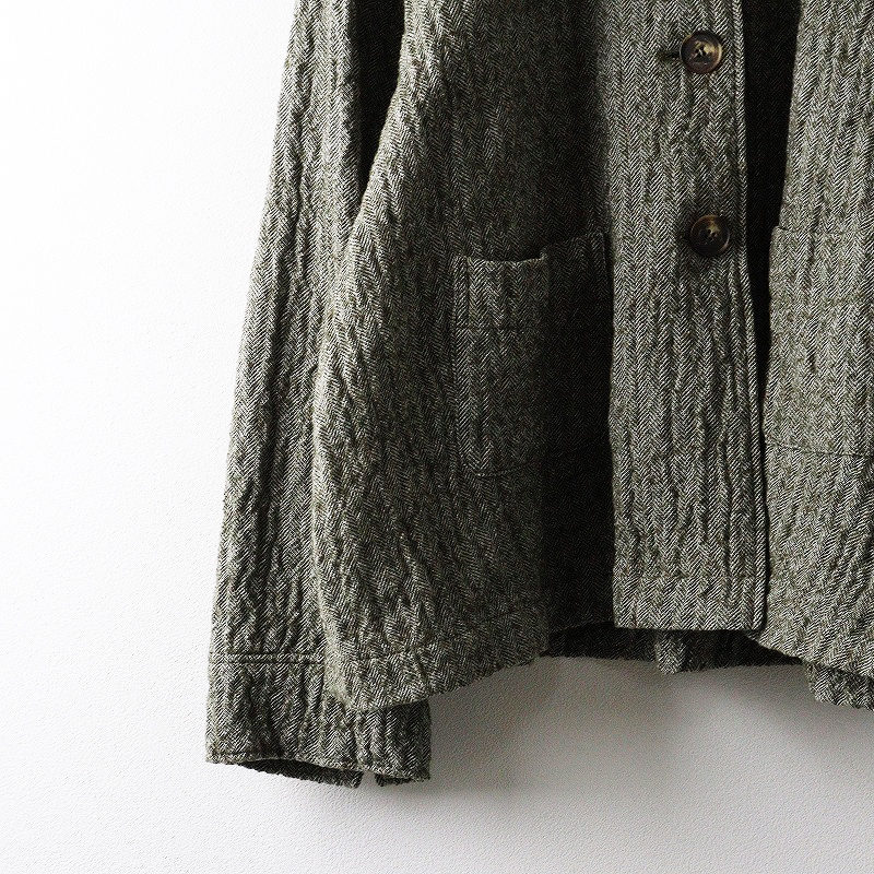 美品 バスコネスト BASCO-nest コットンウールヘリンボーンジャケット＼ダークグリーン タック フレア【2400014685657】_画像4