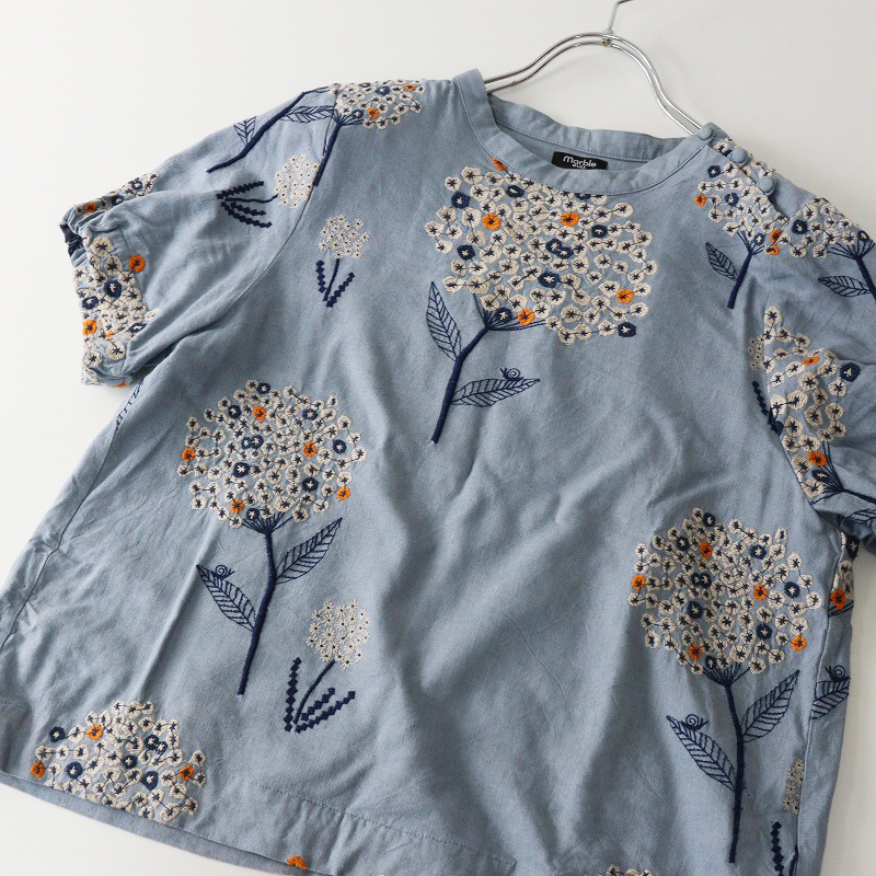 マーブルシュッド marble SUD エンブロイダリーアジサイ ショルダーボタン ブラウス ｜ブルー系 トップス【2400014702217】_画像5