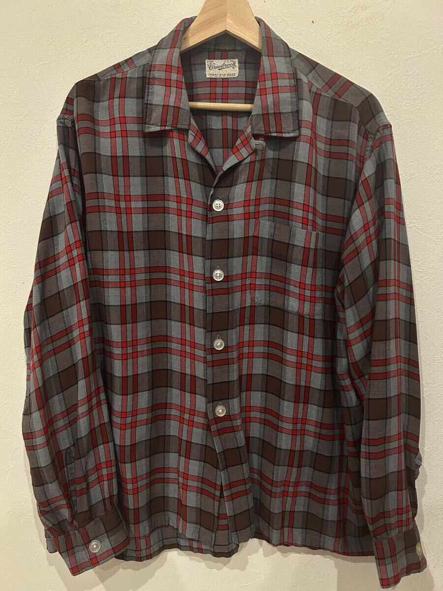 60s XL レーヨンシャツ ヴィンテージ cran brook シャドーチェック オンブレ ビンテージ オープンカラーシャツ チェックシャツ 60年代 50s_画像1