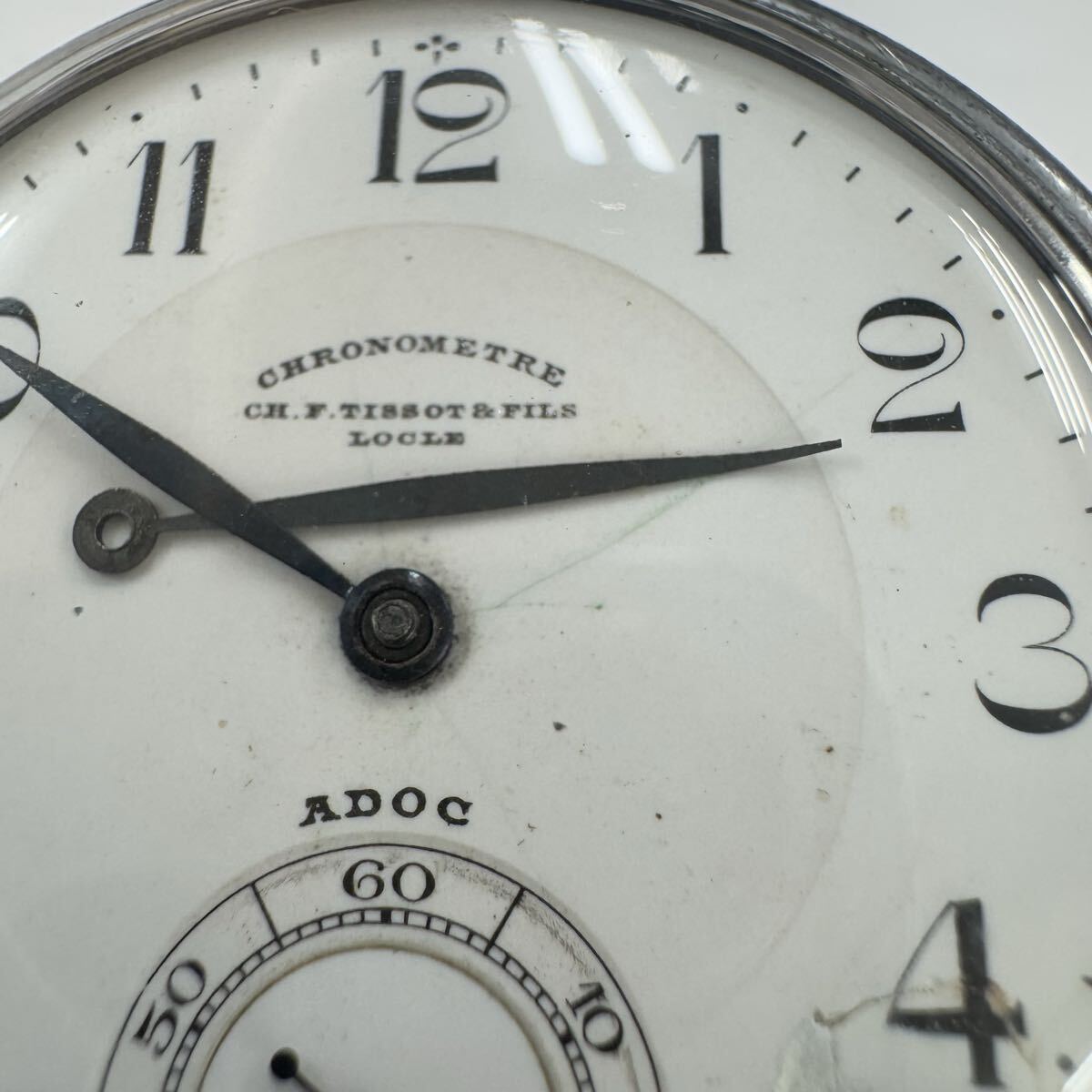 ★1円スタート★CH.F. TISSOT&FILS LOCLE ADOC ティソ クロノメーター スモセコ 懐中時計 手巻き 稼働 ジャンク 白文字盤 中古品 OB1538_画像5