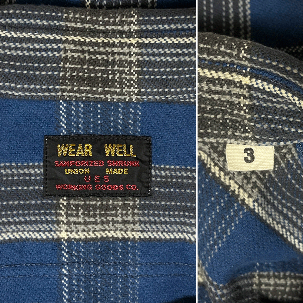 サイズ3 UES ウエス WEAR WELL 日本製 ヘビーネルシャツ マチ付き 青チェック フランネルシャツ ビンテージ レプリカ ブルー 廃盤カラー L_画像3
