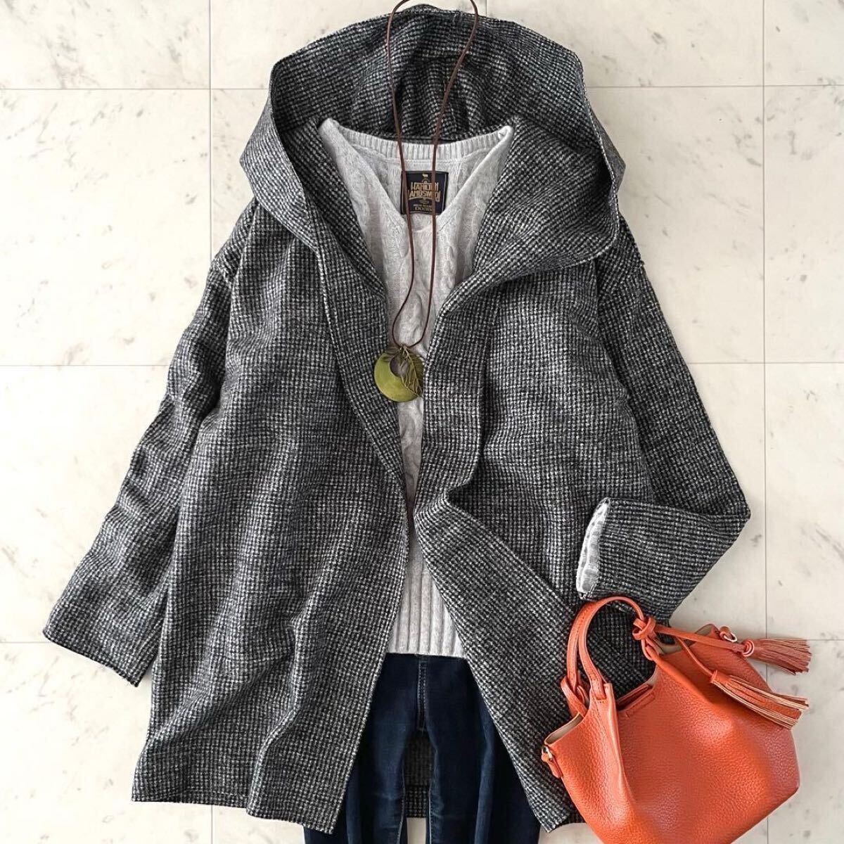 美品*GALERIE VIE ギャルリーヴィー ウール混フーデッドノーカラーコート S ゆったり グレー系 日本製 アウター 長袖 レディース_画像1