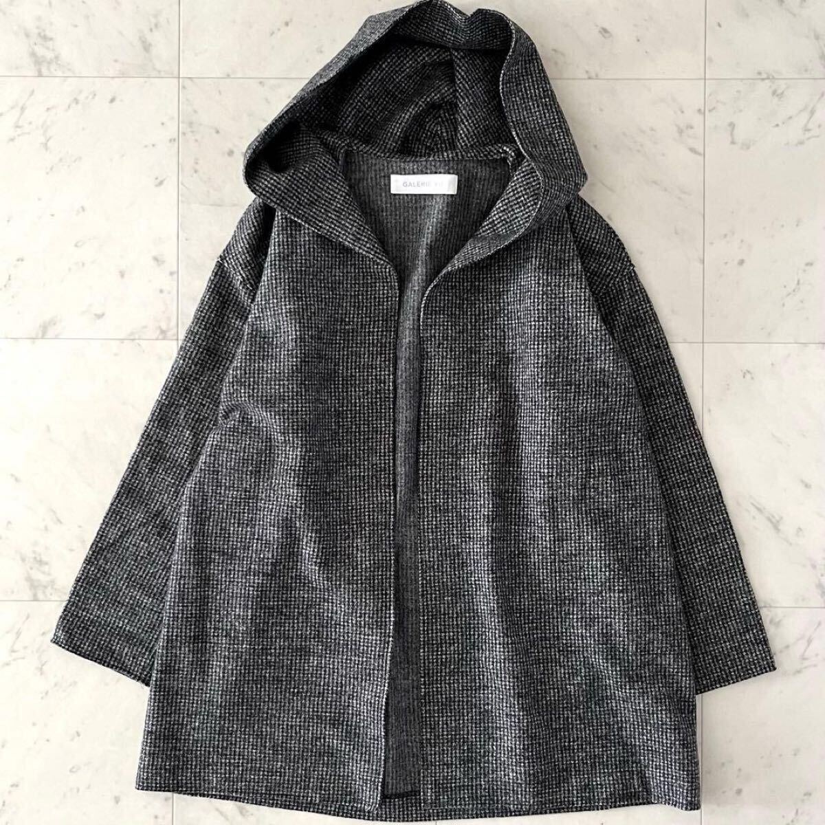 美品*GALERIE VIE ギャルリーヴィー ウール混フーデッドノーカラーコート S ゆったり グレー系 日本製 アウター 長袖 レディース_画像2
