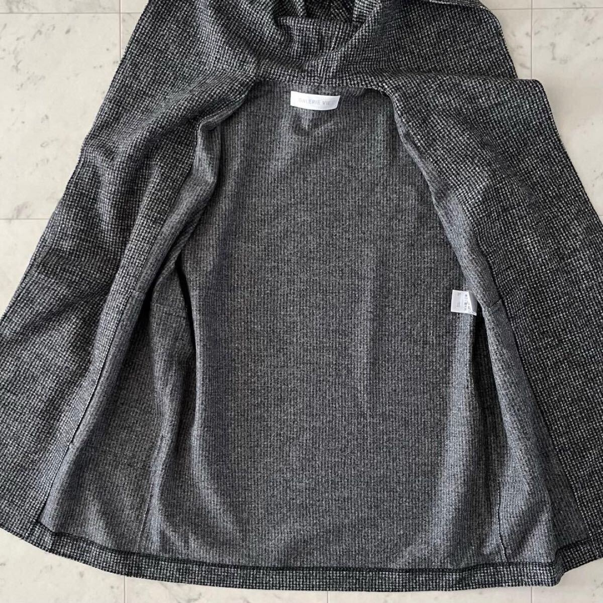 美品*GALERIE VIE ギャルリーヴィー ウール混フーデッドノーカラーコート S ゆったり グレー系 日本製 アウター 長袖 レディース_画像4