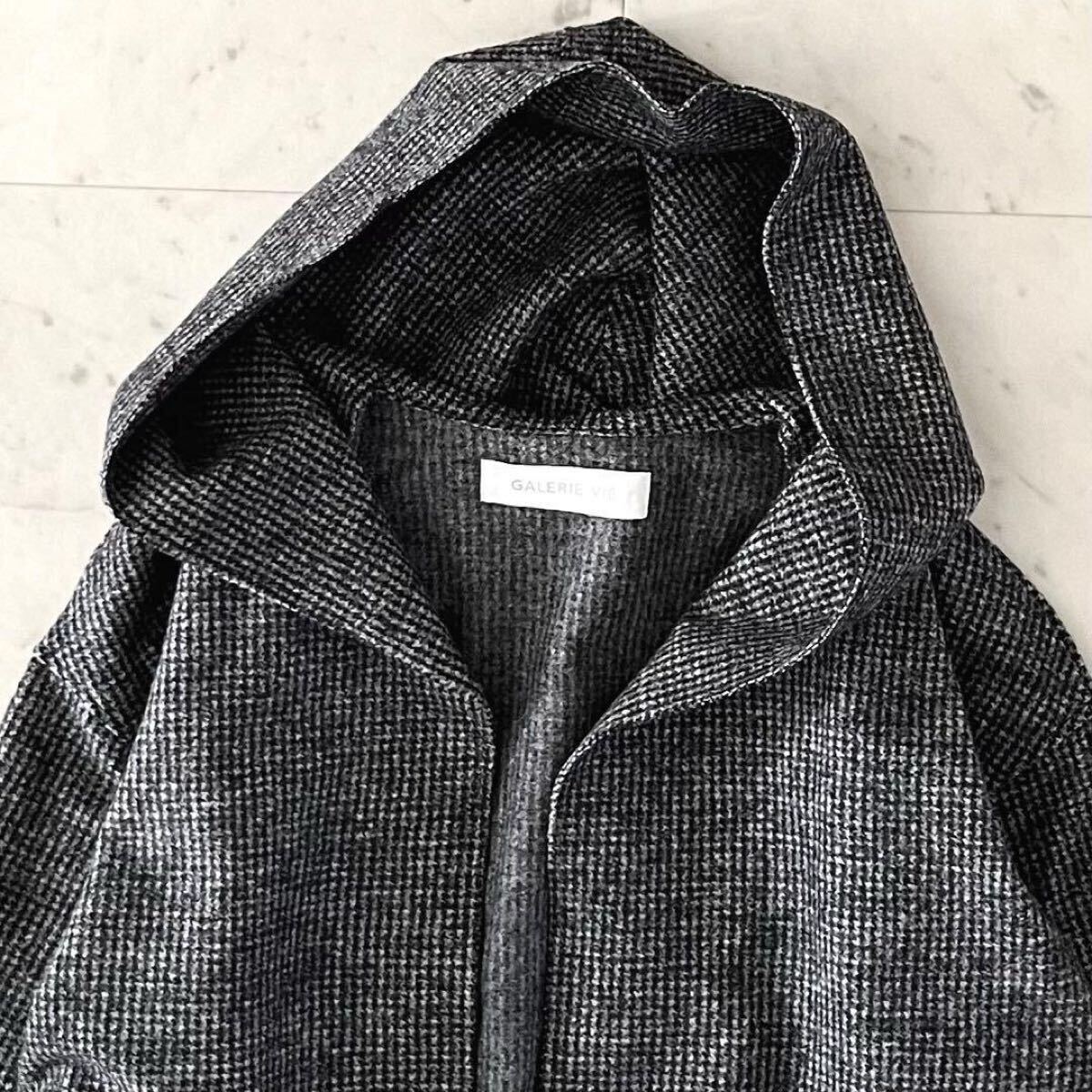 美品*GALERIE VIE ギャルリーヴィー ウール混フーデッドノーカラーコート S ゆったり グレー系 日本製 アウター 長袖 レディース_画像5