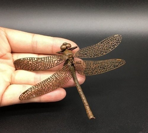 伝統工芸品 茶道具 とんぼ 純銅製 置物 民芸品 細密彫刻 総長7.8cm_画像2