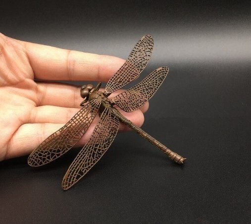 伝統工芸品 茶道具 とんぼ 純銅製 置物 民芸品 細密彫刻 総長7.8cm_画像1