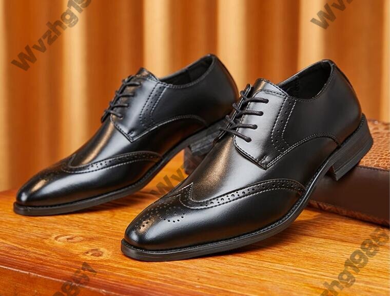 英倫靴男性尖頭系本革ビジネス正装靴ブラウン婚靴青年靴_画像2