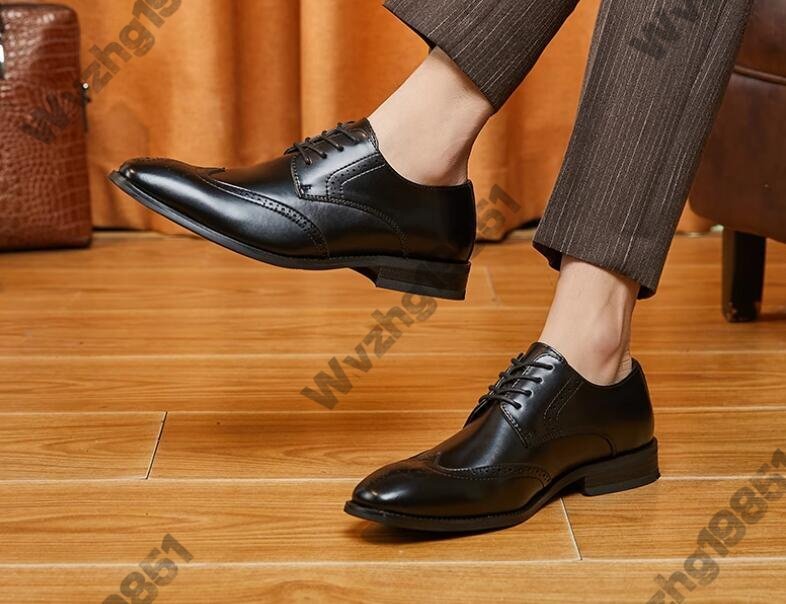英倫靴男性尖頭系本革ビジネス正装靴ブラウン婚靴青年靴_画像5