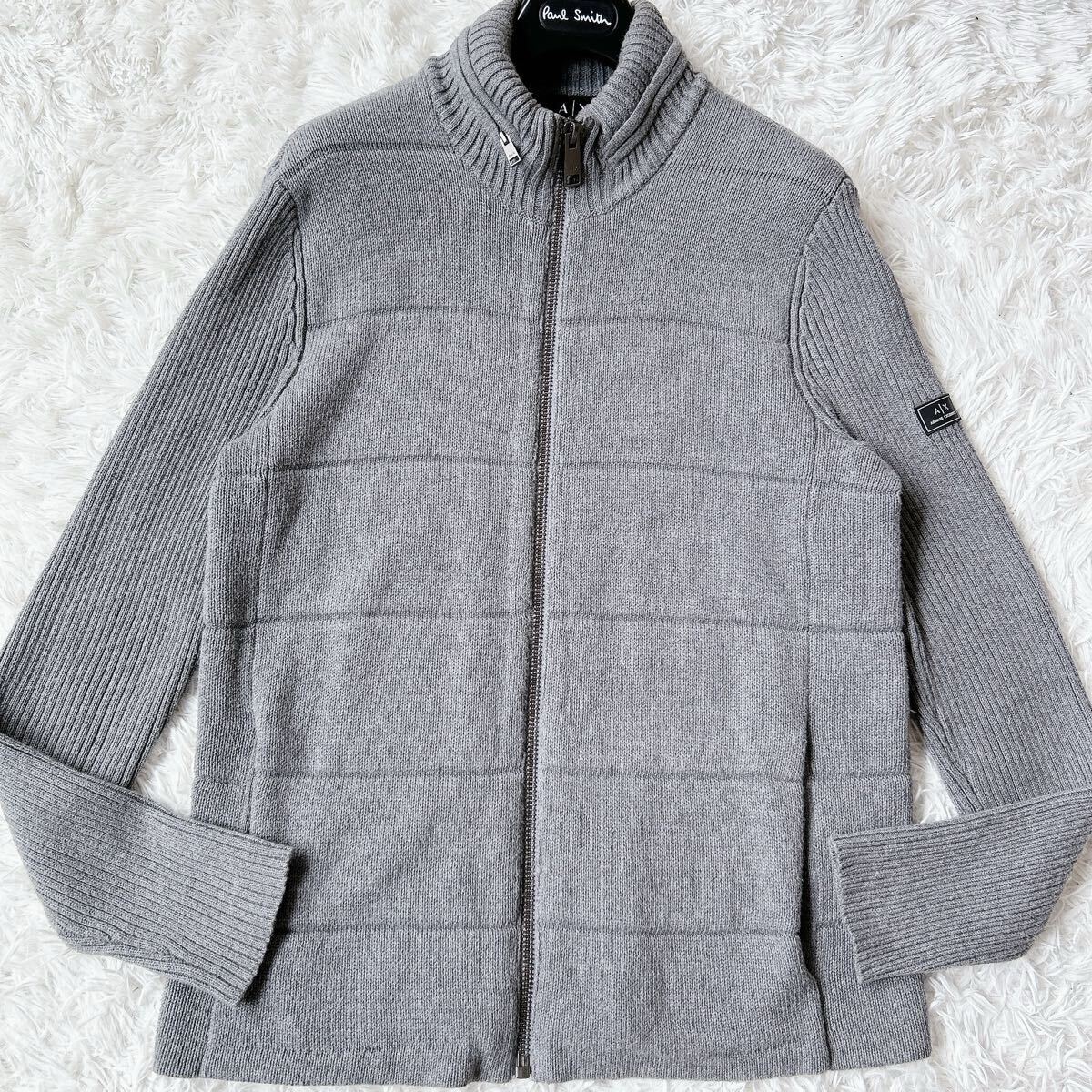 美品 ARMANI EXCHANGE ドライバーズ ニット ジャケット 2way ブルゾン アウター ジップアップ グレー アルマーニ ストレッチ ケーブル 伸縮_画像1