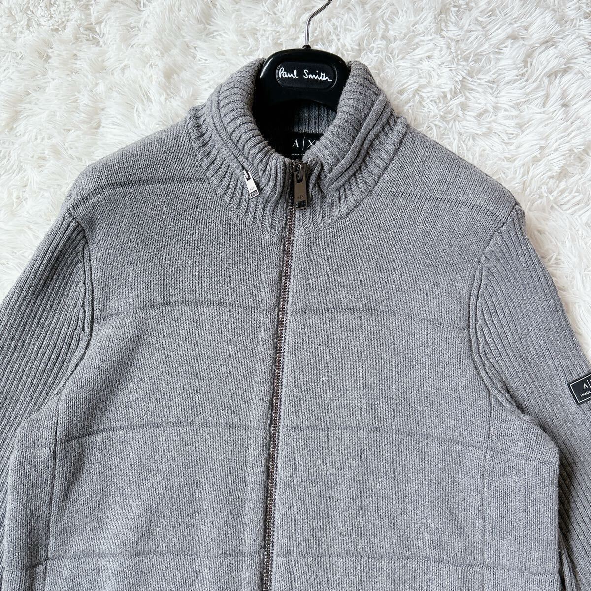 美品 ARMANI EXCHANGE ドライバーズ ニット ジャケット 2way ブルゾン アウター ジップアップ グレー アルマーニ ストレッチ ケーブル 伸縮_画像3