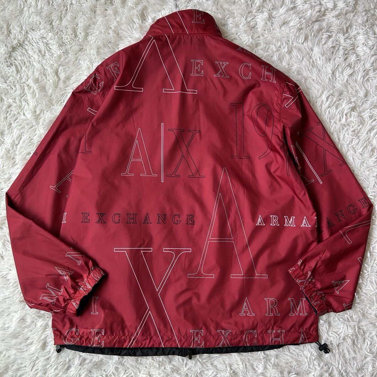 美品 ARMANI EXCHANGE 4WAY ジャケット ブルゾン リバーシブル フード収納 撥水 L 総柄 ダブルジップ アルマーニ エクスチェンジ ナイロン_画像4