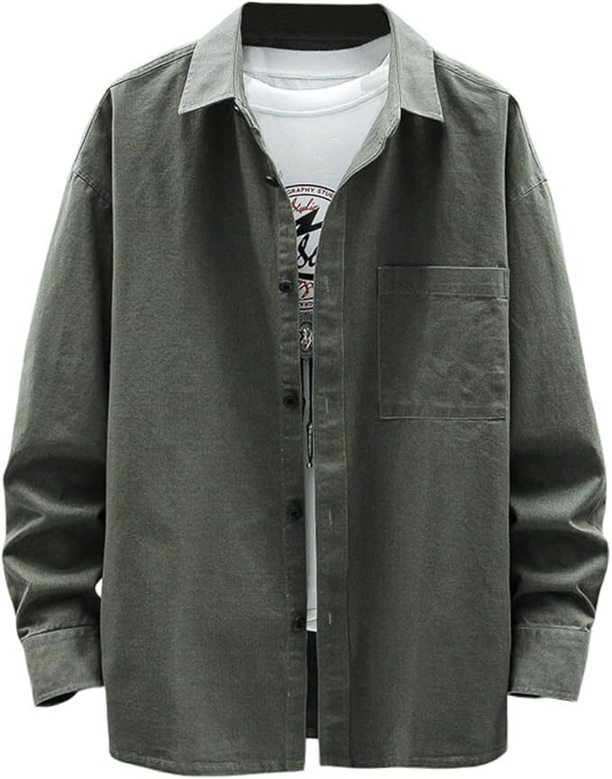 シャツ メンズ 長袖 綿 無地 グリーン L_画像1