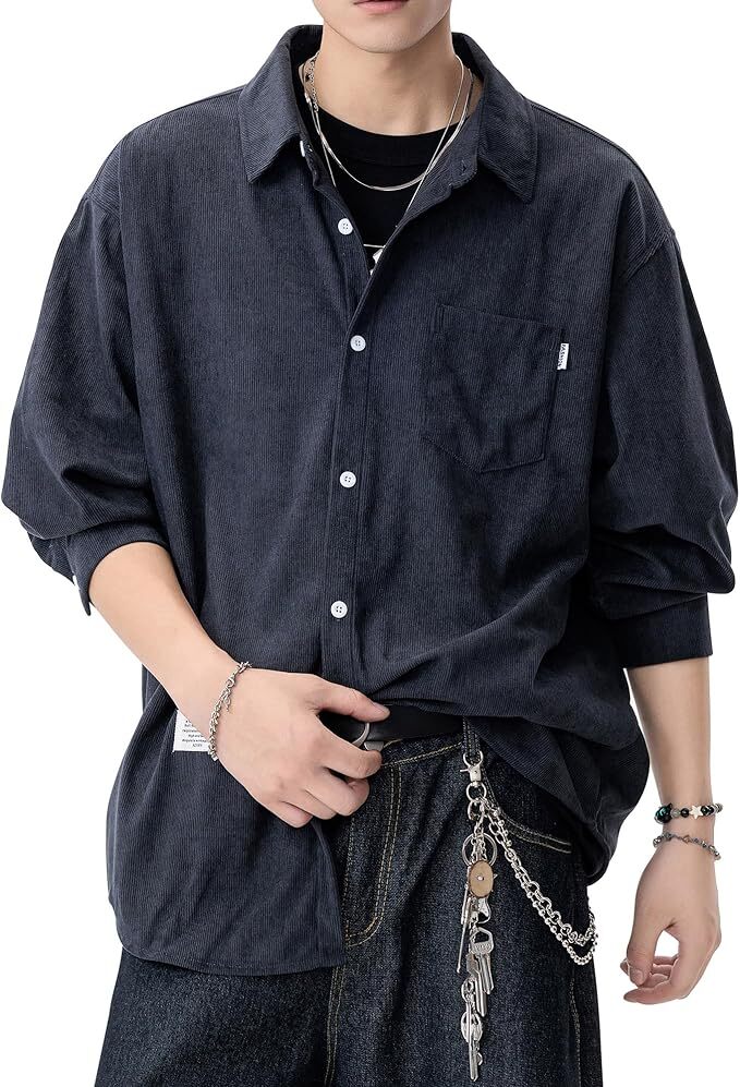 シャツ メンズ 長袖 ライトウェイト カジュアルシャツ ネイビー L_画像1