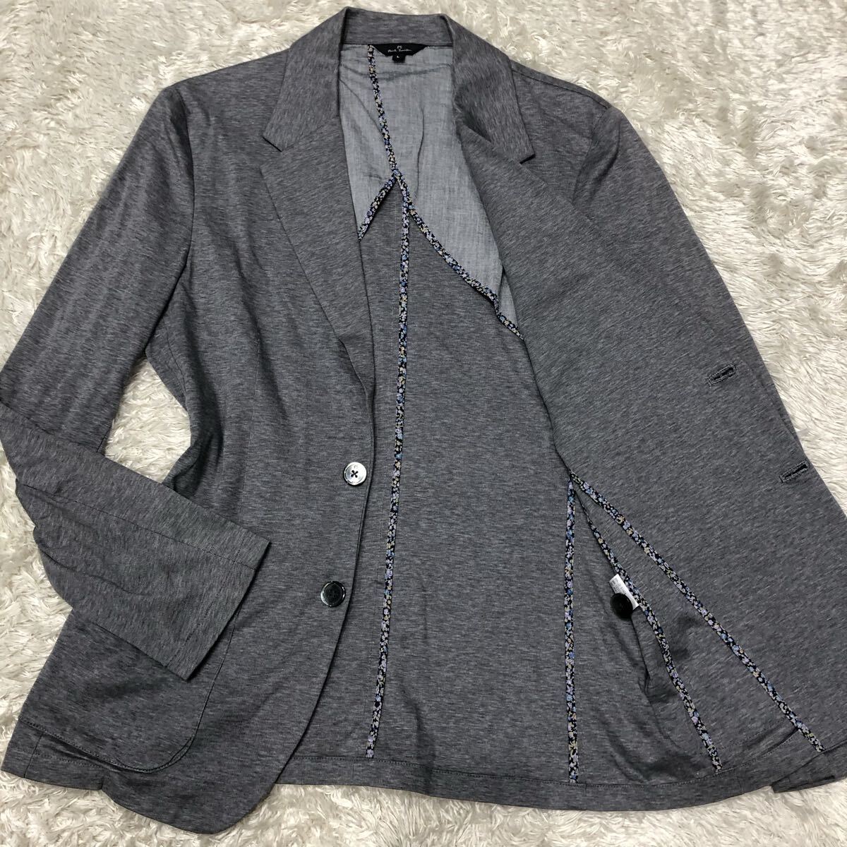 希少L！ポールスミス【お洒落の極み】Paul Smith テーラードジャケット アンコン グレー 2B 背抜き 花柄パイピング ストレッチ 艶感 高級感_画像1