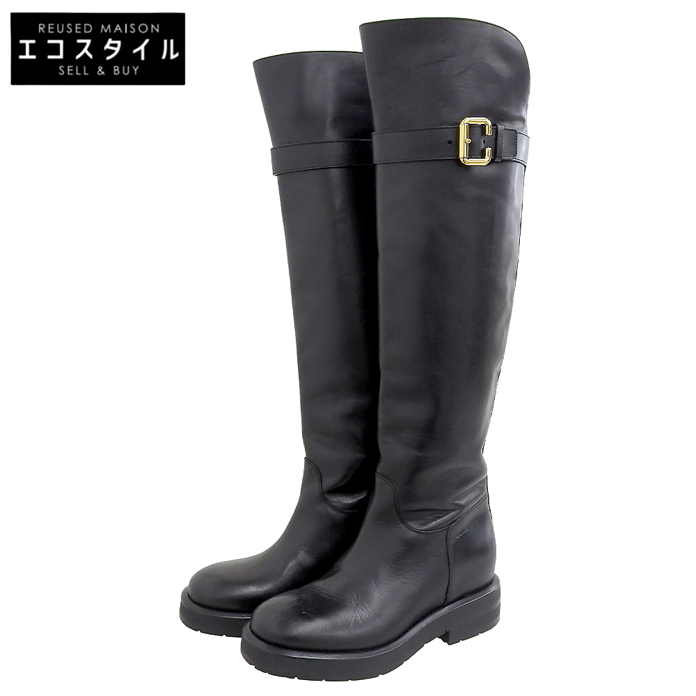 美品 CHLOE クロエ Coddington レザー フラットロングブーツ シューズ レディース ブラック×ゴールド 37 042432E_画像1