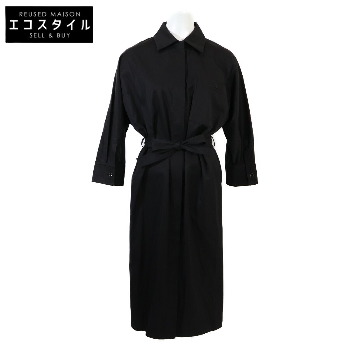 国内正規/23AW HERMES エルメス 3H0542DV カレーシュ刺繍 ベルト付 シャツ ワンピース 34 ブラック レディース_画像1