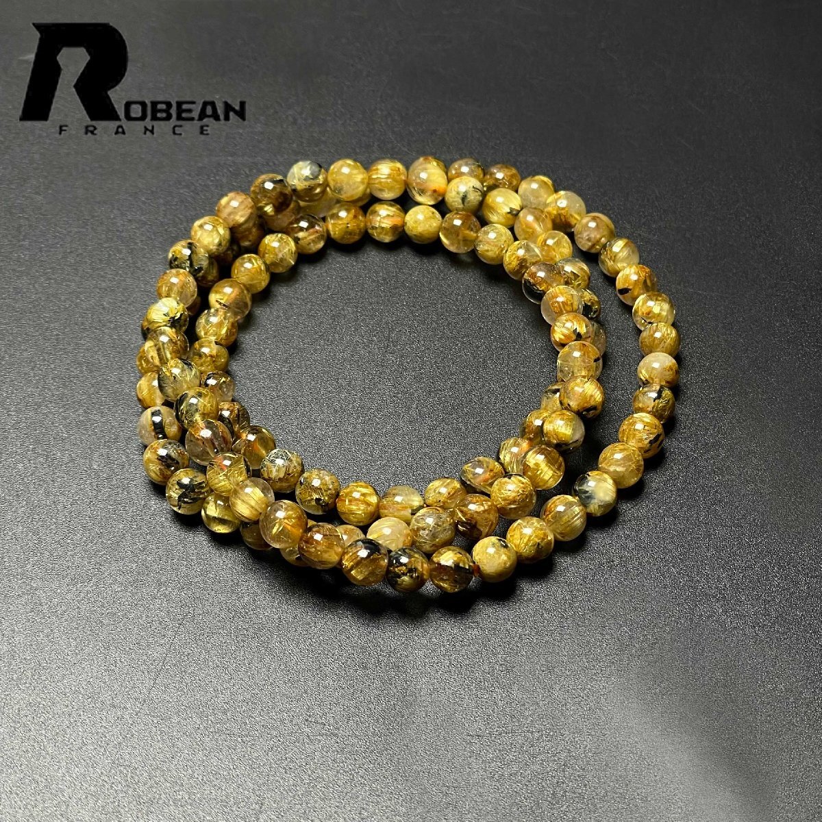逸品 EU製 定価14万円★ROBEAN・太陽花タイチンルチル★黄金針水晶 金運 開運 ゴールド 3本巻きブレス パワーストーン 5.4-5.8mm M0813358_画像3