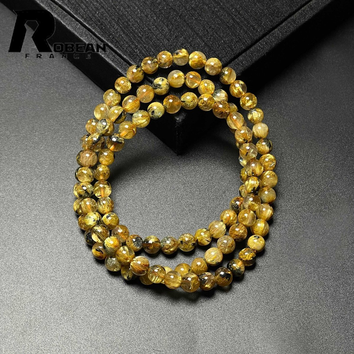 逸品 EU製 定価14万円★ROBEAN・太陽花タイチンルチル★黄金針水晶 金運 開運 ゴールド 3本巻きブレス パワーストーン 5.4-5.8mm M0813358_画像2