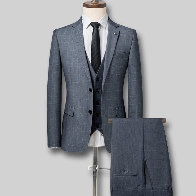 P767-M 新品ベスト付きスーツ 3ピーススーツ メンズ ウール混 セットアップスーツ 格子柄 ビジネススーツ ウエスト調節可能 スラックス/灰_画像1