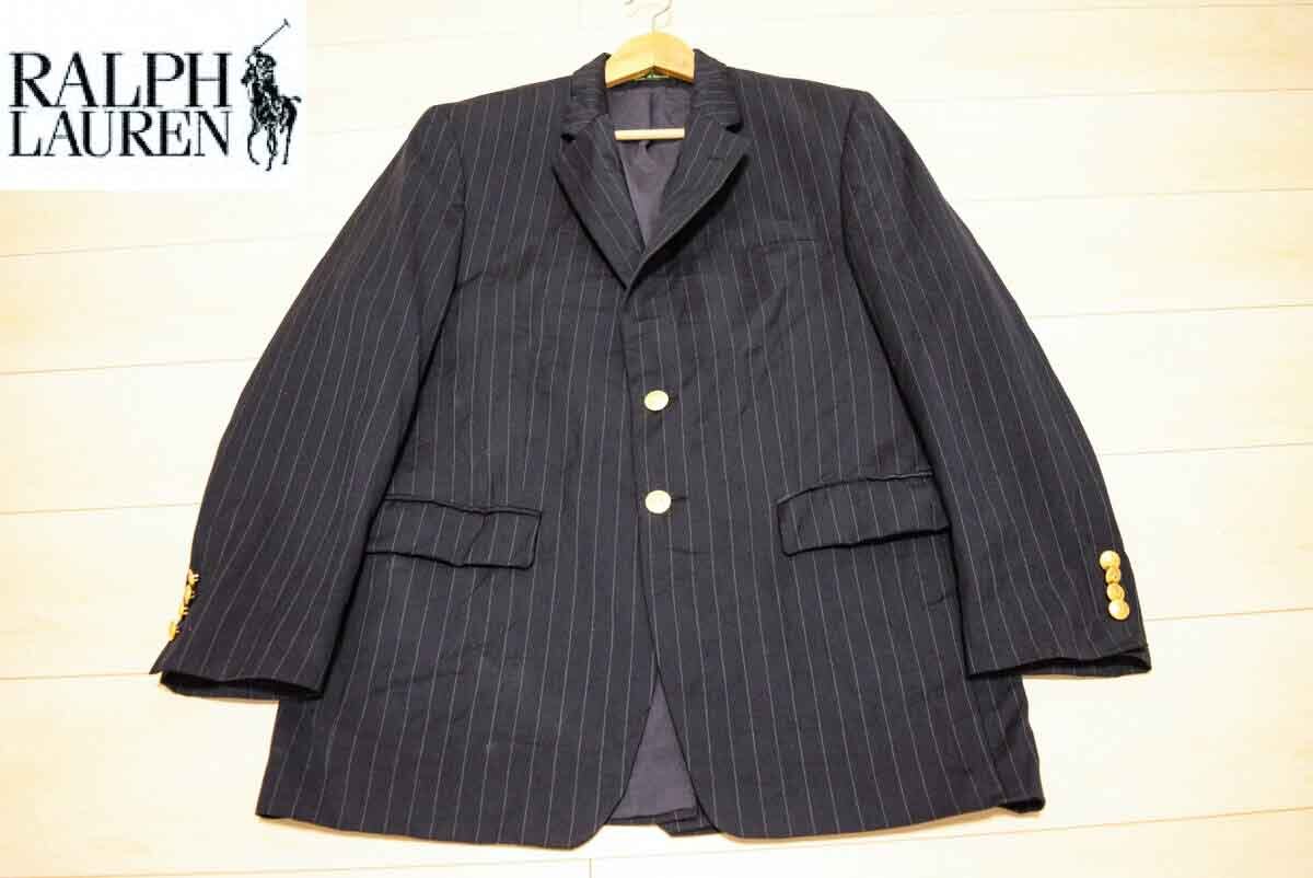 RALPH LAUREN ラルフ ローレン 2釦 金釦 ウール100% ストライプ オールシーズン テーラード ブレザー ジャケット L (K00110807)_画像1