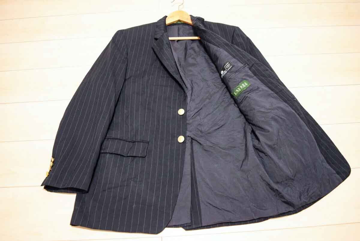 RALPH LAUREN ラルフ ローレン 2釦 金釦 ウール100% ストライプ オールシーズン テーラード ブレザー ジャケット L (K00110807)_画像2