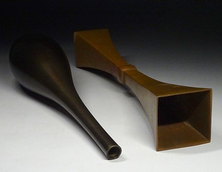 緑屋h■銅製 花瓶　2点　鶴首花入　幸雲 造　平安永宝堂 共箱　mae/10-351/22-3#80_画像3