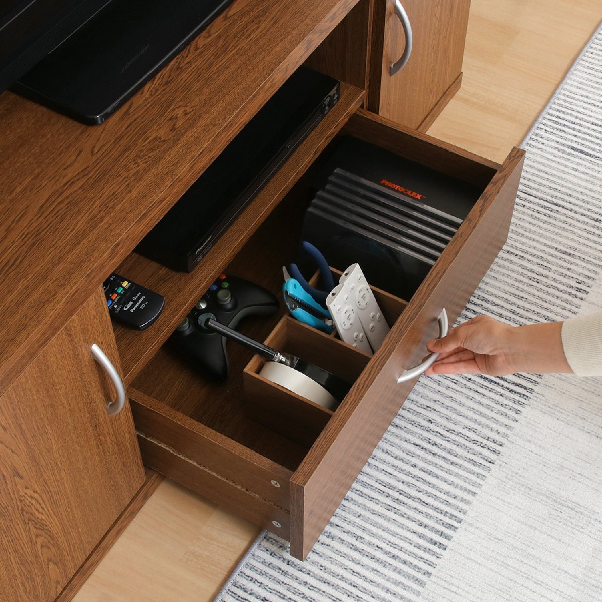 送料無料 引き出し付き テレビ台 ローボード 収納棚 テレビラック AVボード オープンラック 幅118cm奥行40cm高さ45cm オークブラウン 新品_画像4