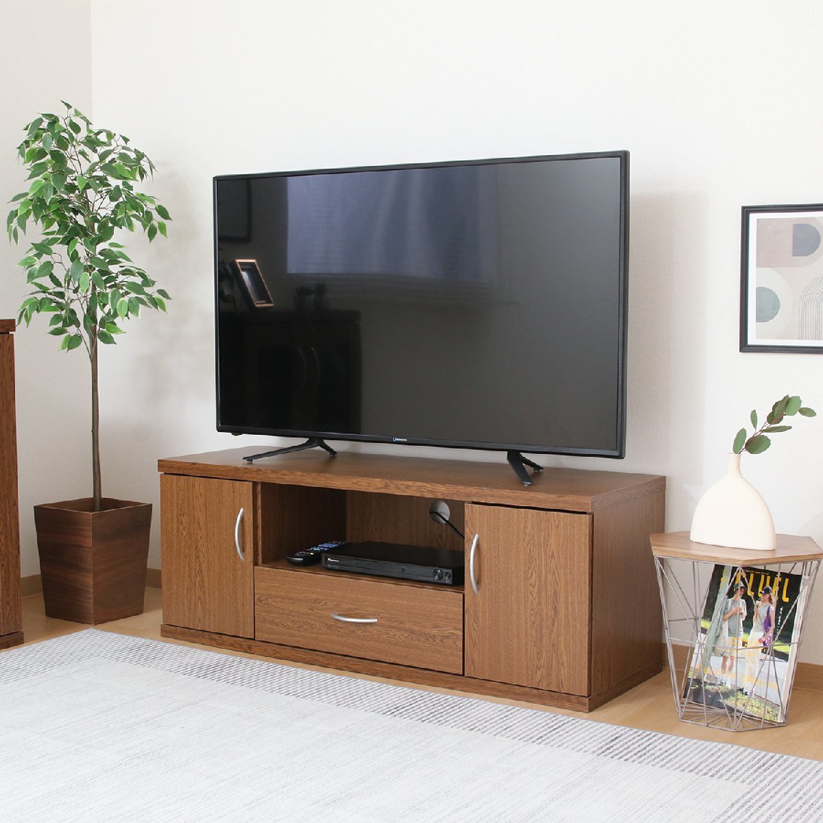 送料無料 引き出し付き テレビ台 ローボード 収納棚 テレビラック AVボード オープンラック 幅118cm奥行40cm高さ45cm オークブラウン 新品_画像3