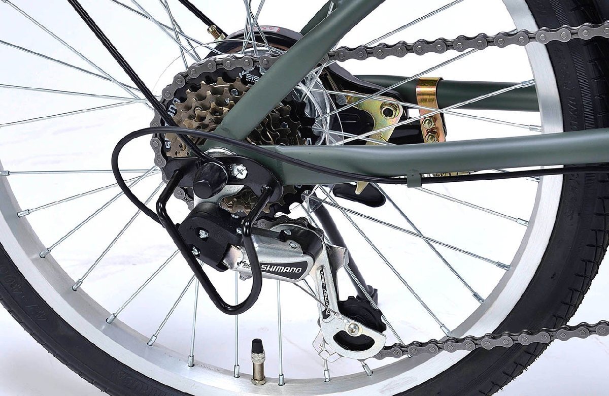 送料無料 折り畳み自転車 20インチ シマノ製6段変速ギア バスケット LEDライト ホルダ付ワイヤーロック PL保険加入済 グリーンフォレ 新品_画像8