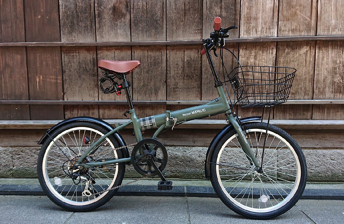 送料無料 折り畳み自転車 20インチ シマノ製6段変速ギア バスケット LEDライト ホルダ付ワイヤーロック PL保険加入済 グリーンフォレ 新品_画像1