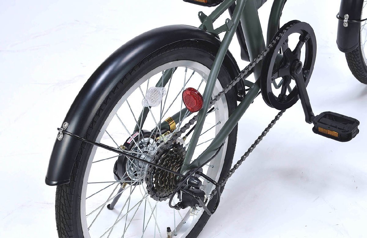 送料無料 折り畳み自転車 20インチ シマノ製6段変速ギア バスケット LEDライト ホルダ付ワイヤーロック PL保険加入済 グリーンフォレ 新品_画像5